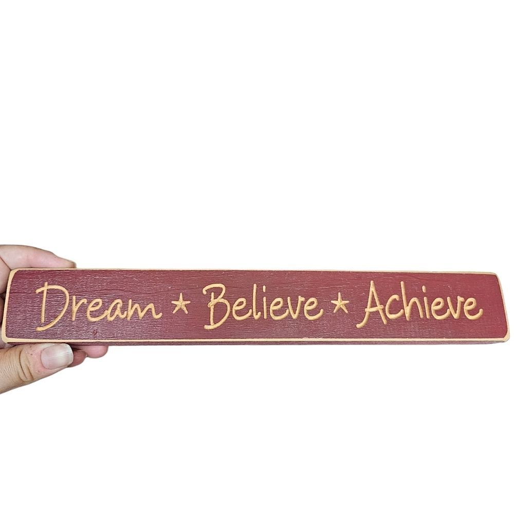 Inspirational Wall Sign Dream Believe Achieve Dark Red Natural Wood Made In USA
